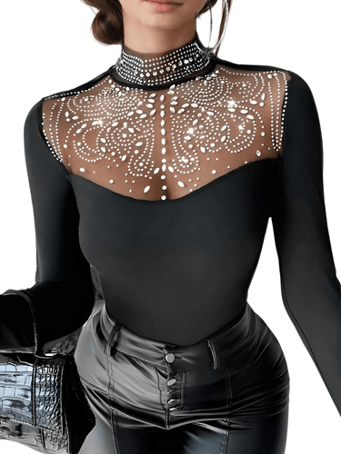 Women's Sexy Black Rhinestone Long Sleeve Top -, Shirts , Drestiny , Australia, Black, Canada, Dress Shirts, L, Long Sleeves, M, New Zealand, S, United Kingdom, United States, XL , Drestiny , www.shopdrestiny.com